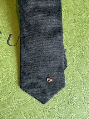 Gucci Black Knit Tie with Gold Double G Pin
